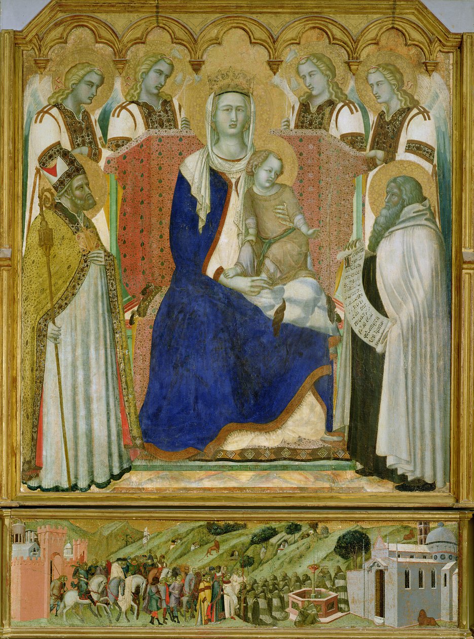 Het Carmine Altaarstuk, centraal paneel met de Maagd en Kind met engelen, St. Nicolaas en de profeet Elia, 1329 door Pietro Lorenzetti