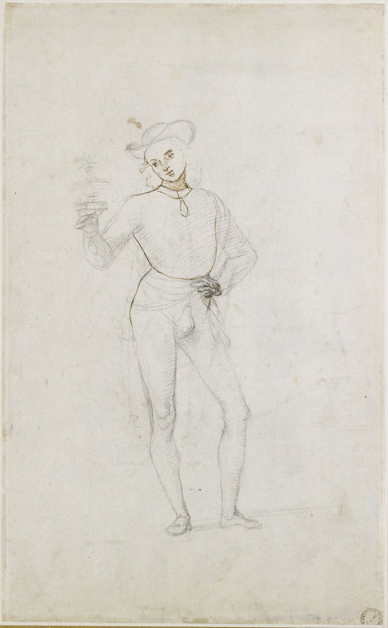 Recto: Een studie voor een figuur in een aanbidding van de wijzen door Pietro Perugino