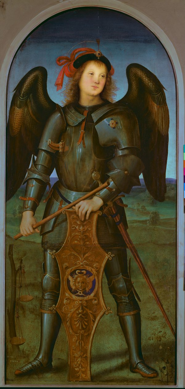 De Maagd en het Kind met SS. Raphael en Michael: linker paneel van St. Michael door Pietro Perugino