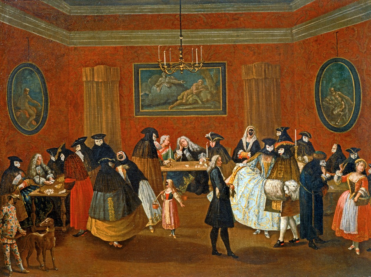 De Ridotto: gemaskerde scène ... (schilderij op doek) door Pietro (circle of) Longhi