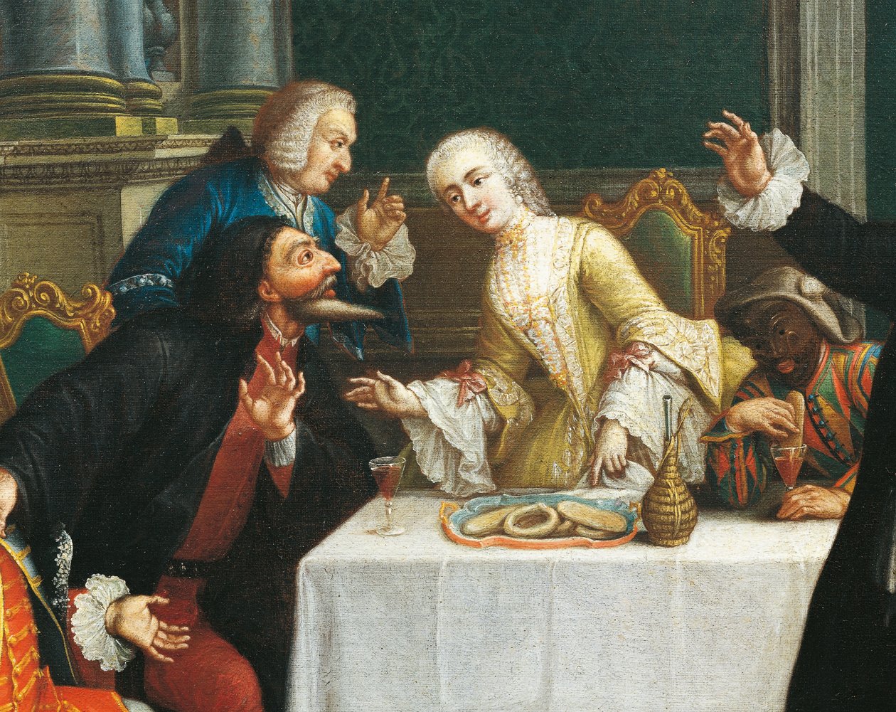 Het tussendoortje met de maskers (detail) door Pietro (school of) Longhi