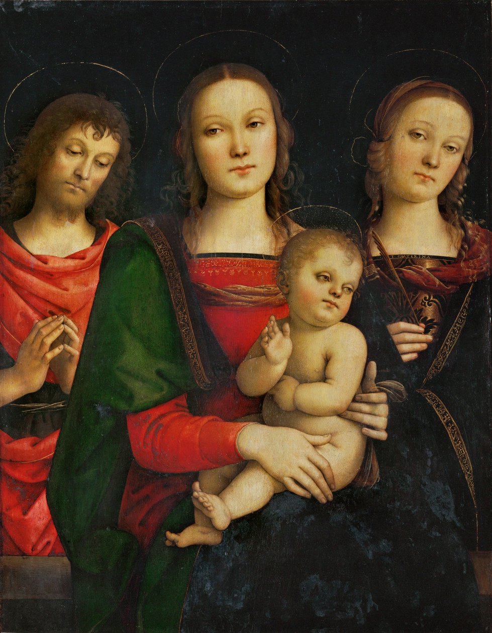 Madonna met kind, omringd door de heilige Johannes Baptist en de heilige Catharina ... door Pietro (studio of) Perugino