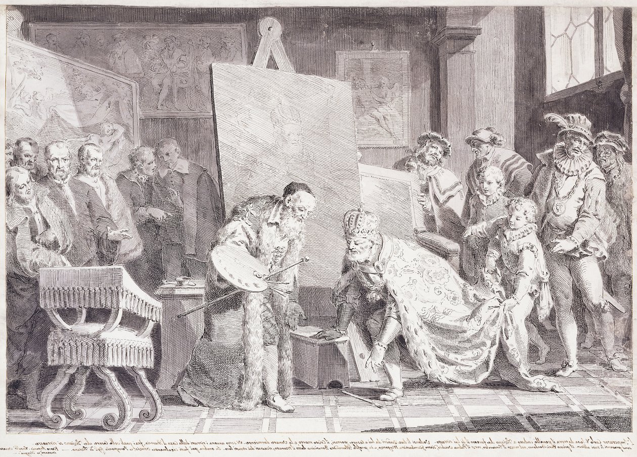 Keizer Karel V die het penseel van Titiaan oppakt door Pietro Antonio Novelli