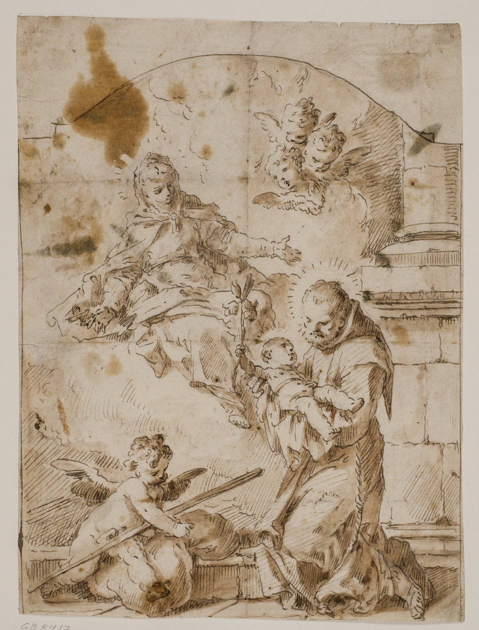 Sint Antonius van Padua knielt met het Christuskind in zijn armen terwijl de Maagd en engelen in de lucht verschijnen door Pietro Antonio Novelli