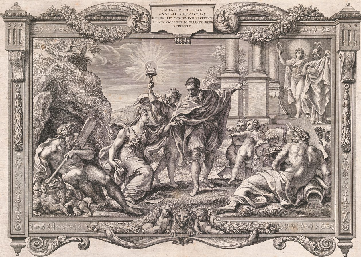 Annibale Carracci Introduceert Schilderkunst aan Apollo en Minerva, 1674 door Pietro Aquila