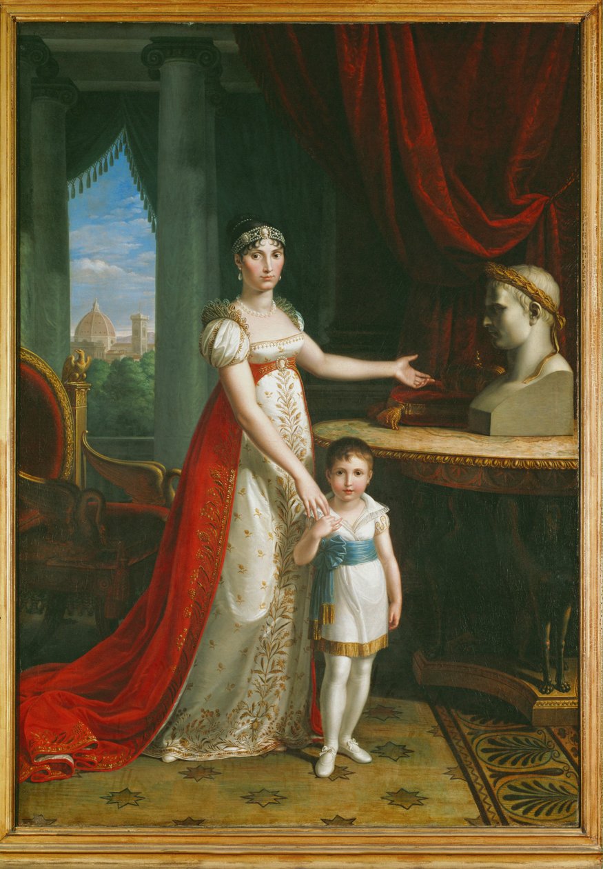 Elisa Bonaparte, zus van Napoleon I, Groothertogin van Toscane, met haar dochter Napoleone-Elisa ... door Pietro Benvenuti