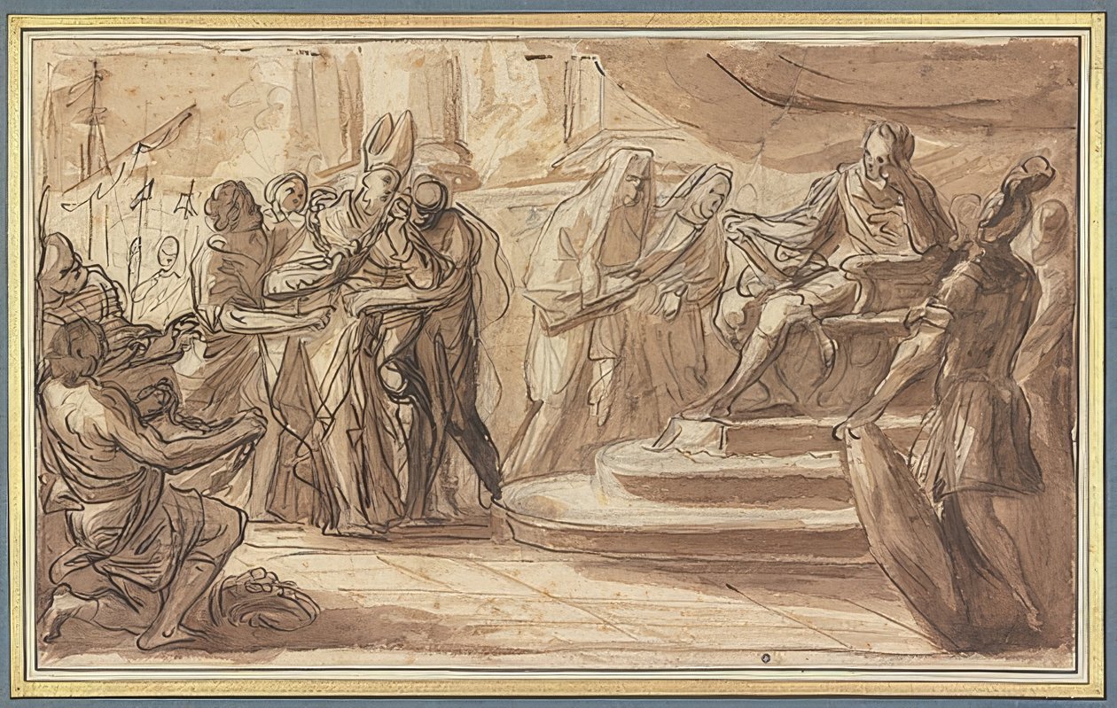 Een bisschop wordt geboeid voor een Romeinse keizer gebracht door Pietro Bianchi