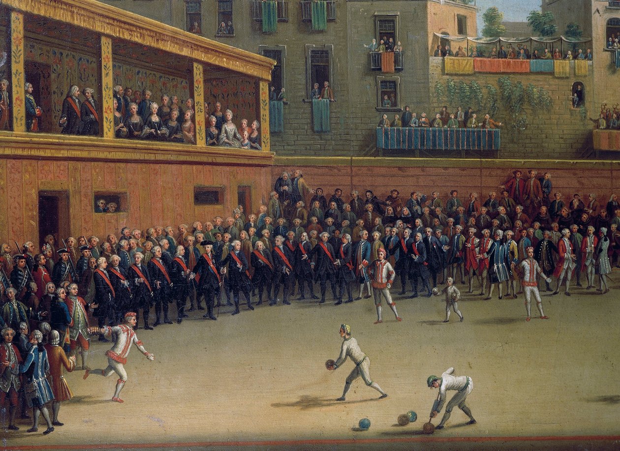Het handbalspel, door Pietro Fabris (actief 1768-1778), detail, Italië door Pietro Fabris