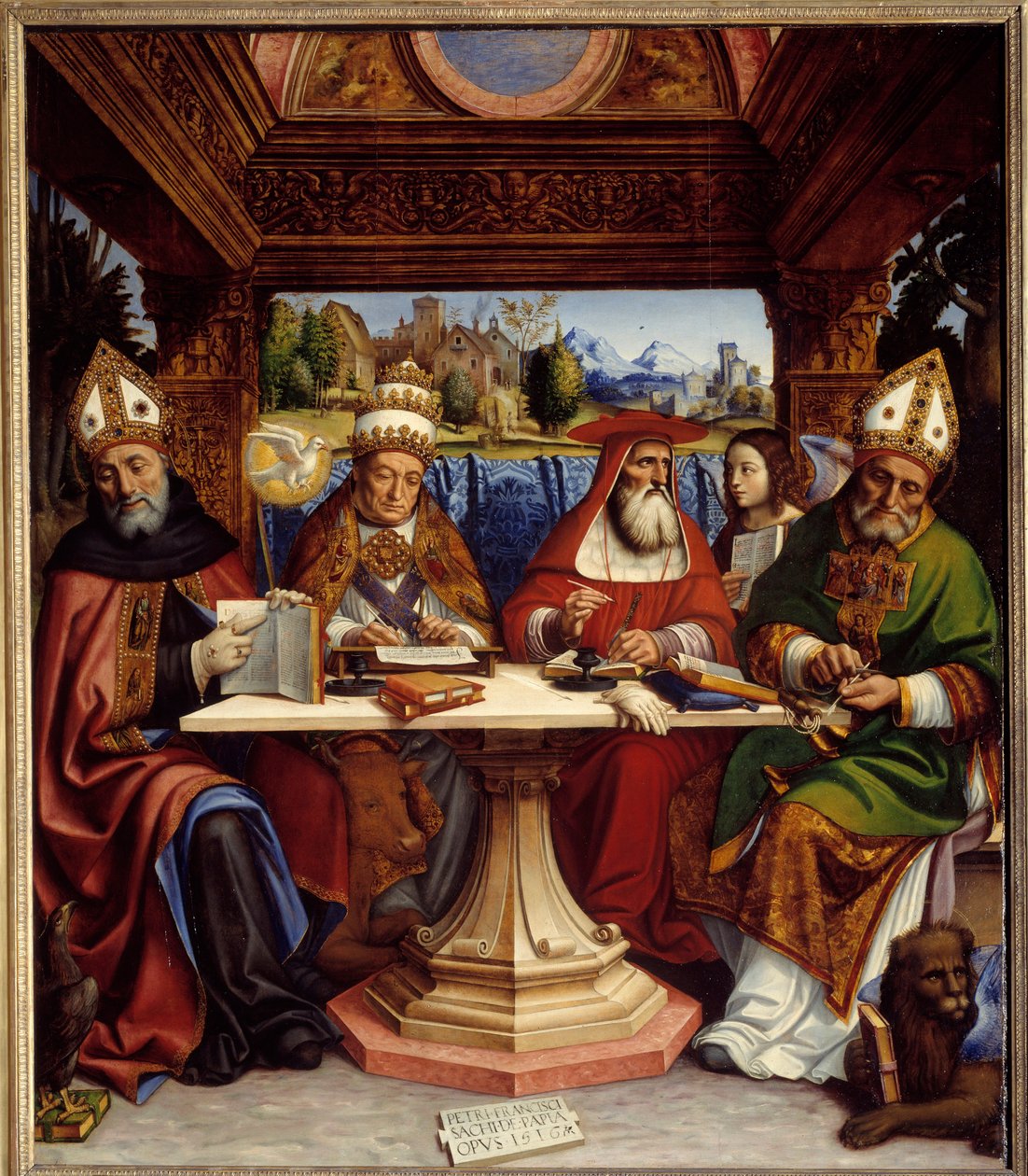 De vier kerkvaders met de symbolen van de vier evangelisten (Sint-Augustinus met een adelaar, Sint-Gregorius de Grote met een os, Sint-Hieronymus met een engel en Sint-Ambrosius met een gevleugelde leeuw). door Pietro Francesco  Sacchi