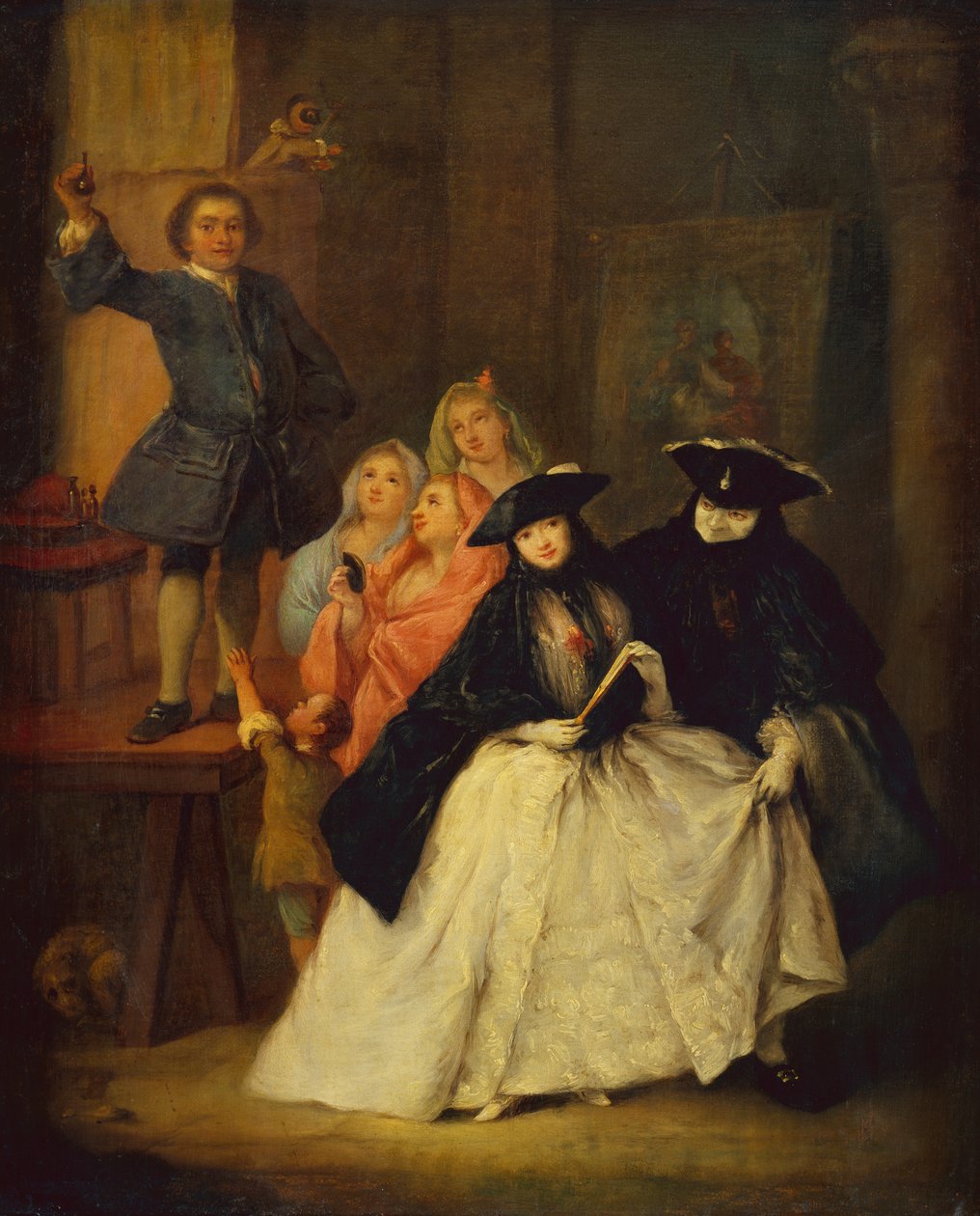 Een charlatan op een platform met gemaskerde figuren op de voorgrond door Pietro Longhi