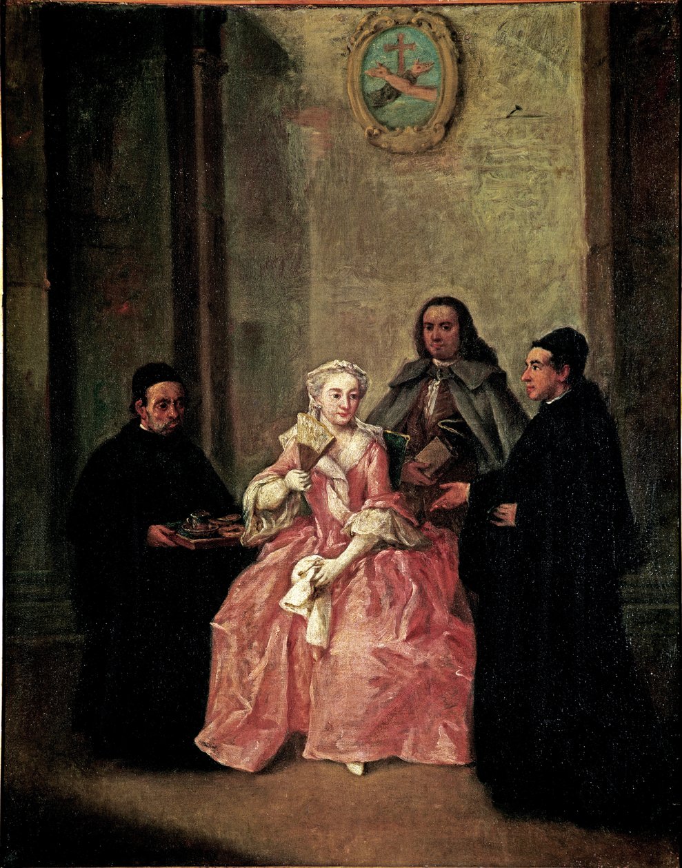 Een monnik biedt een stel warme chocolademelk aan met Venetiaanse koekjes door Pietro Longhi