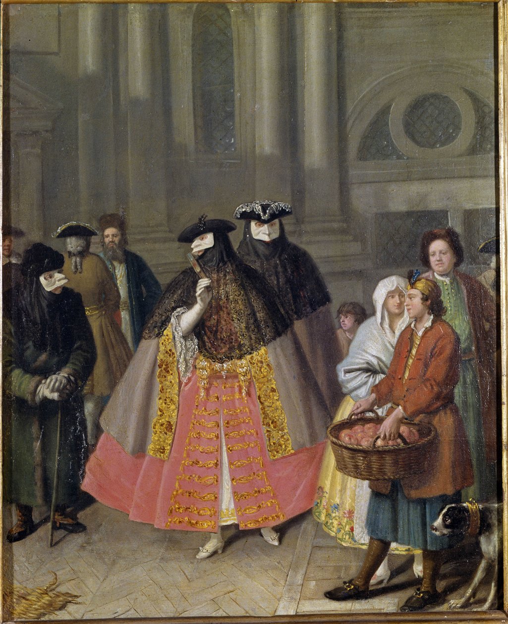 Gesprek met maskers of de Appelverkoper door Pietro Longhi