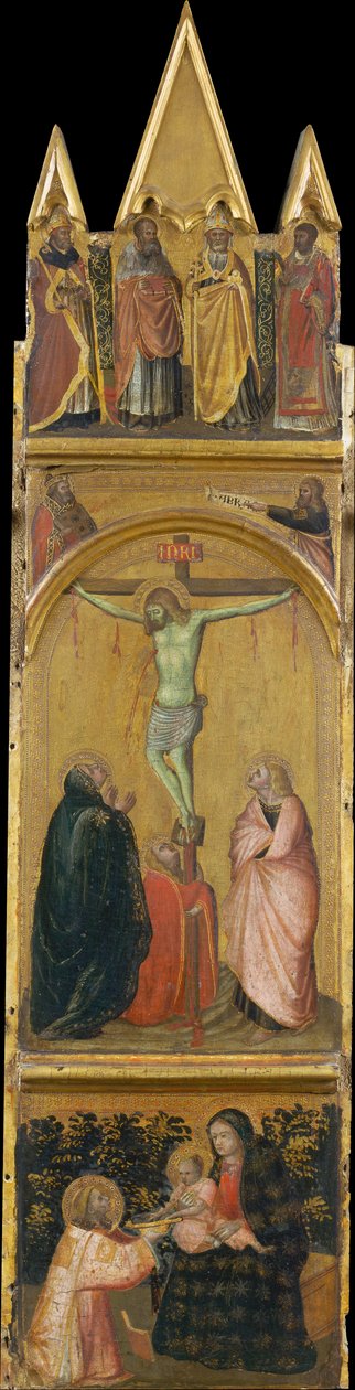 Kreuzigung, Jungfrau und Kind mit einem Diakon door Pietro Lorenzetti