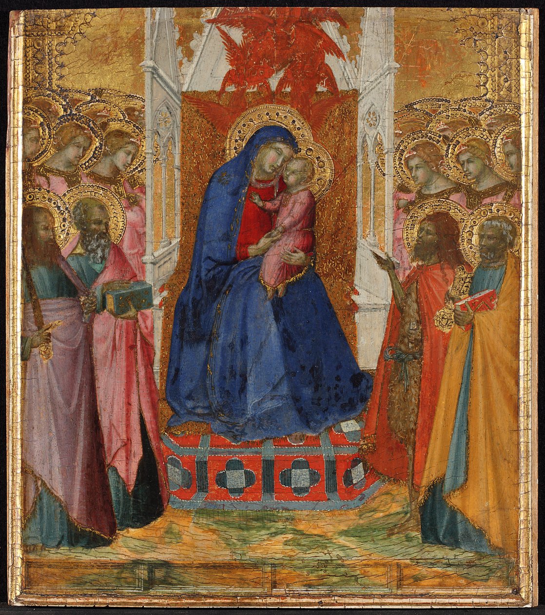 Maria auf dem Thron mit dem Kind, anbetende Engel und Heilige Paulus, Johannes der Evangelist, Johannes der Täufer und Petrus door Pietro Lorenzetti