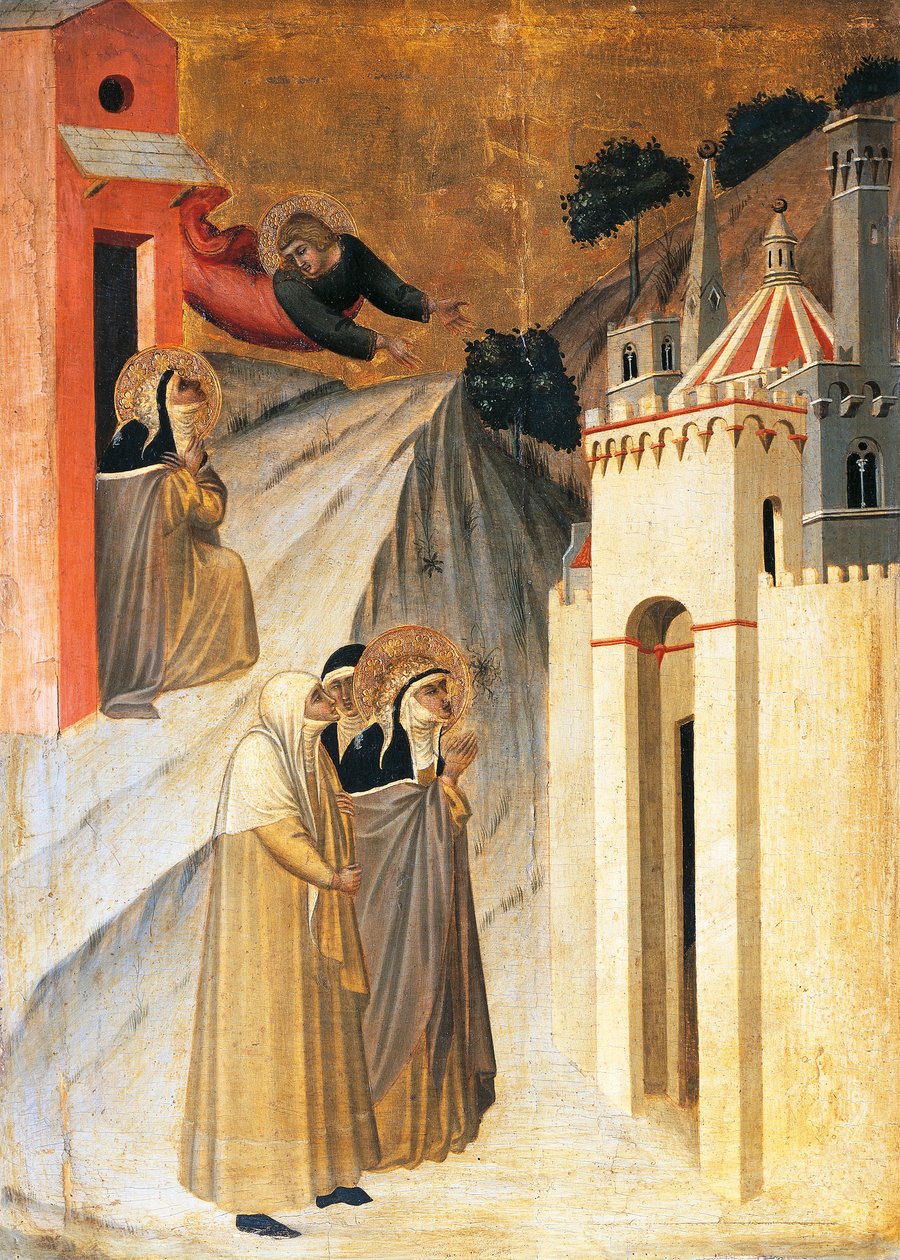 Sint Jan beveelt de gezegende een klooster te bouwen in Florence, tegel op altaarstuk van de Gezegende Nederigheid door Pietro Lorenzetti