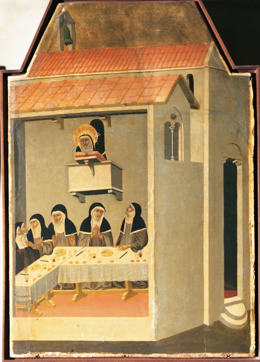 De gezegende nederigheid leest wonderbaarlijk in de refter van Santa Perpetua, tegel van het altaarstuk van de gezegende nederigheid door Pietro Lorenzetti