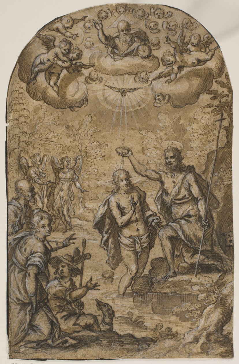 De doop van Christus met God de Vader en engelen tussen de wolken door Pietro Mera