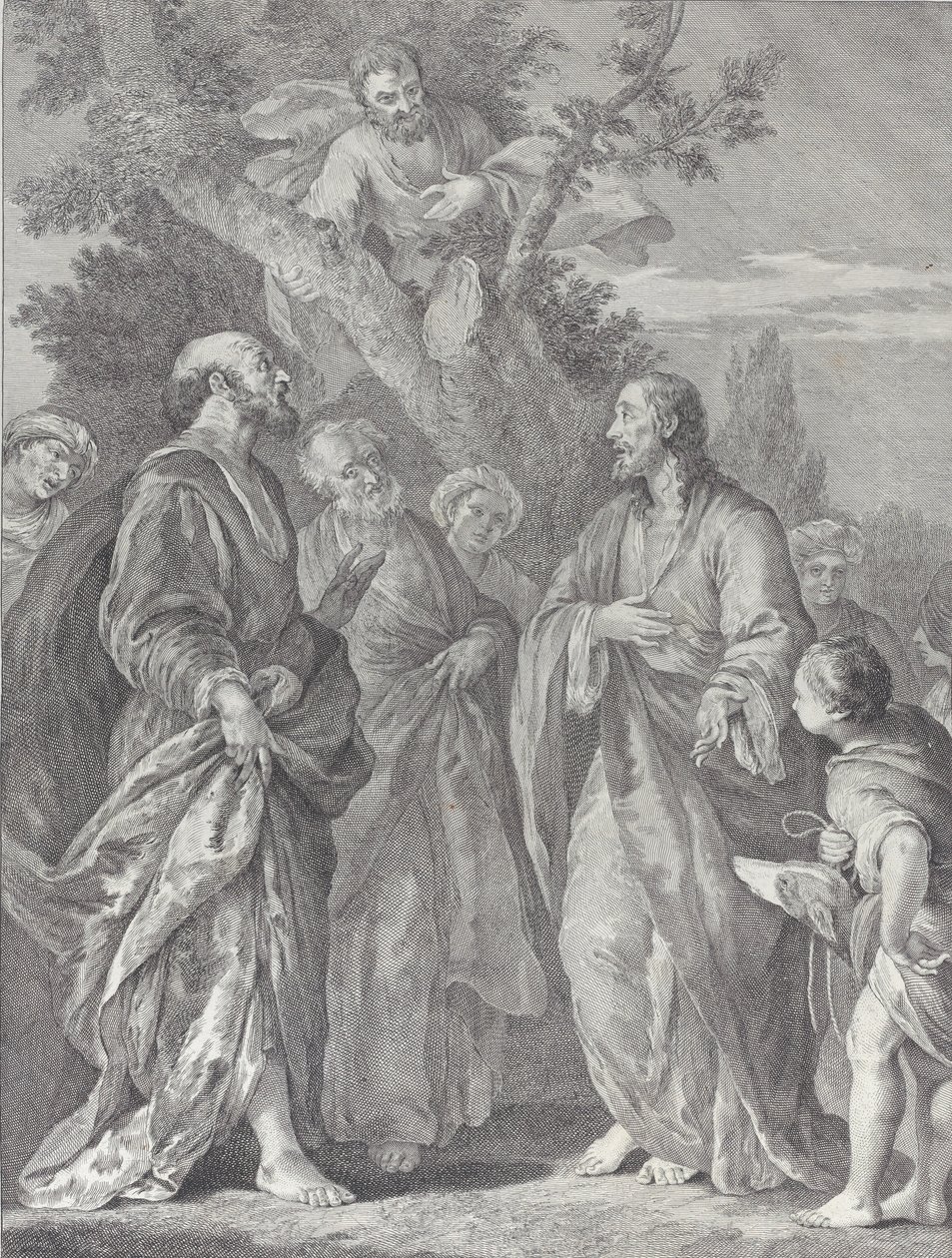 Bekering van Zacheüs, met Christus rechts die de belastinginner toespreekt, 1730-39 door Pietro Monaco