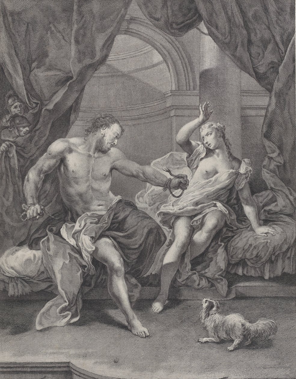 Simson en Delila zittend op een bed, Simson die de touwen die zijn hand binden verscheurt..., ca. 1730-39 door Pietro Monaco