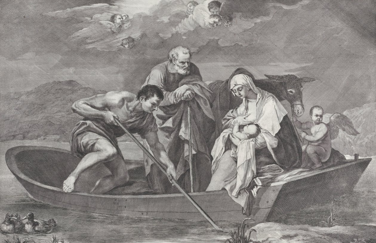De vlucht naar Egypte, met de Heilige Familie in een boot, 1730-50 door Pietro Monaco