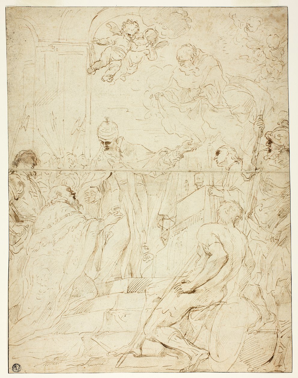 Heilige Verschijnt aan Heerser (recto); Vliegende Putto (verso) door Pietro Novelli