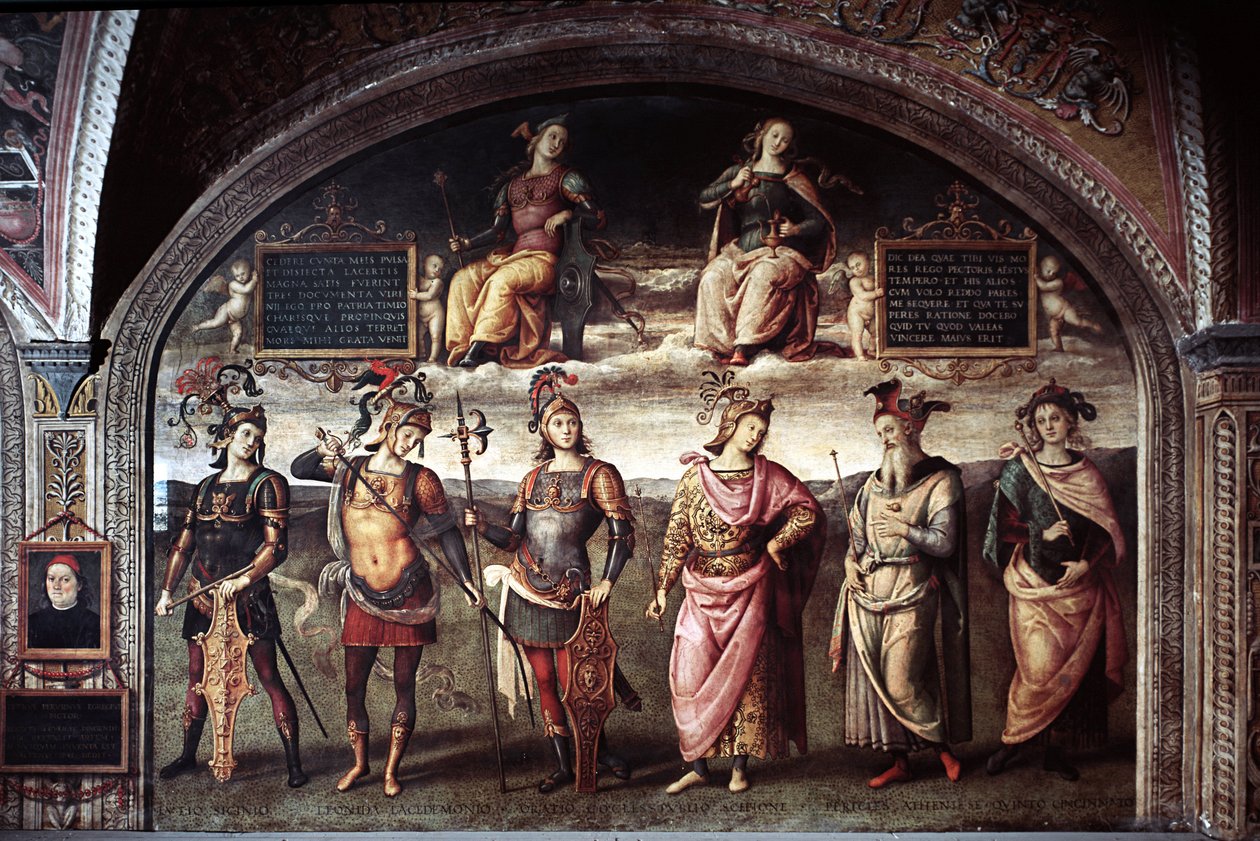 Kracht en matigheid met zes oude helden door Pietro Perugino