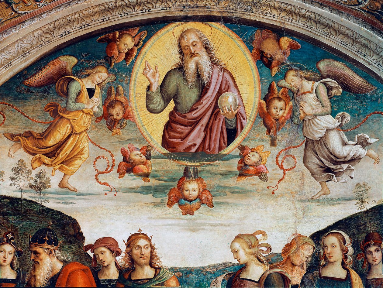 De Heer omringd door profetieën en sibillen. Detail van de Almachtige Heer. Fresco door Pietro Vannucci, genaamd Il Perugino (1500) door Pietro Perugino