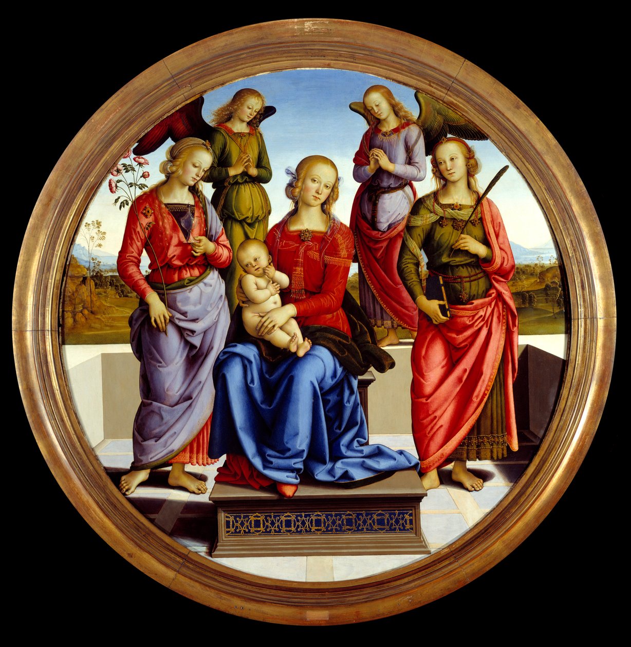 De Maagd en het kind omringd door twee engelen, Sint Roos en Sint Catharina. Schilderij door Pietro Vannucci, ook wel il Perugino genoemd door Pietro Perugino
