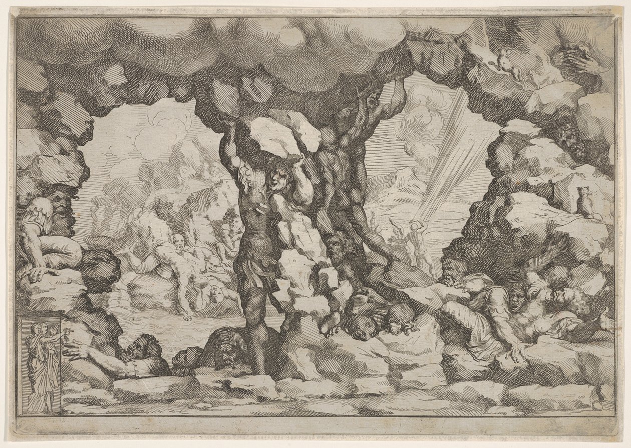 Een reus die een rotsblok heft in het midden, andere reuzen links en rechts worstelen en rec..., ca. 1680 door Pietro Santi Bartoli