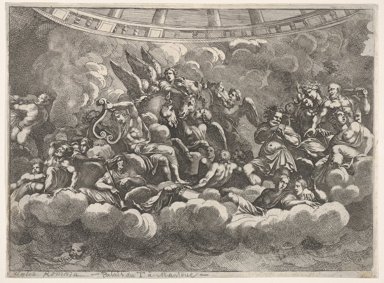 Verzameling van verschillende Olympische goden en mythologische figuren tussen wolken, Apollo in het midden... door Pietro Santi Bartoli