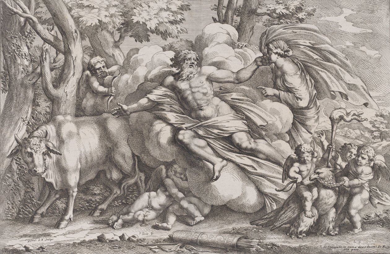 Io links als koe, Jupiter op een wolk in het midden en Juno rechts door Pietro Santi Bartoli