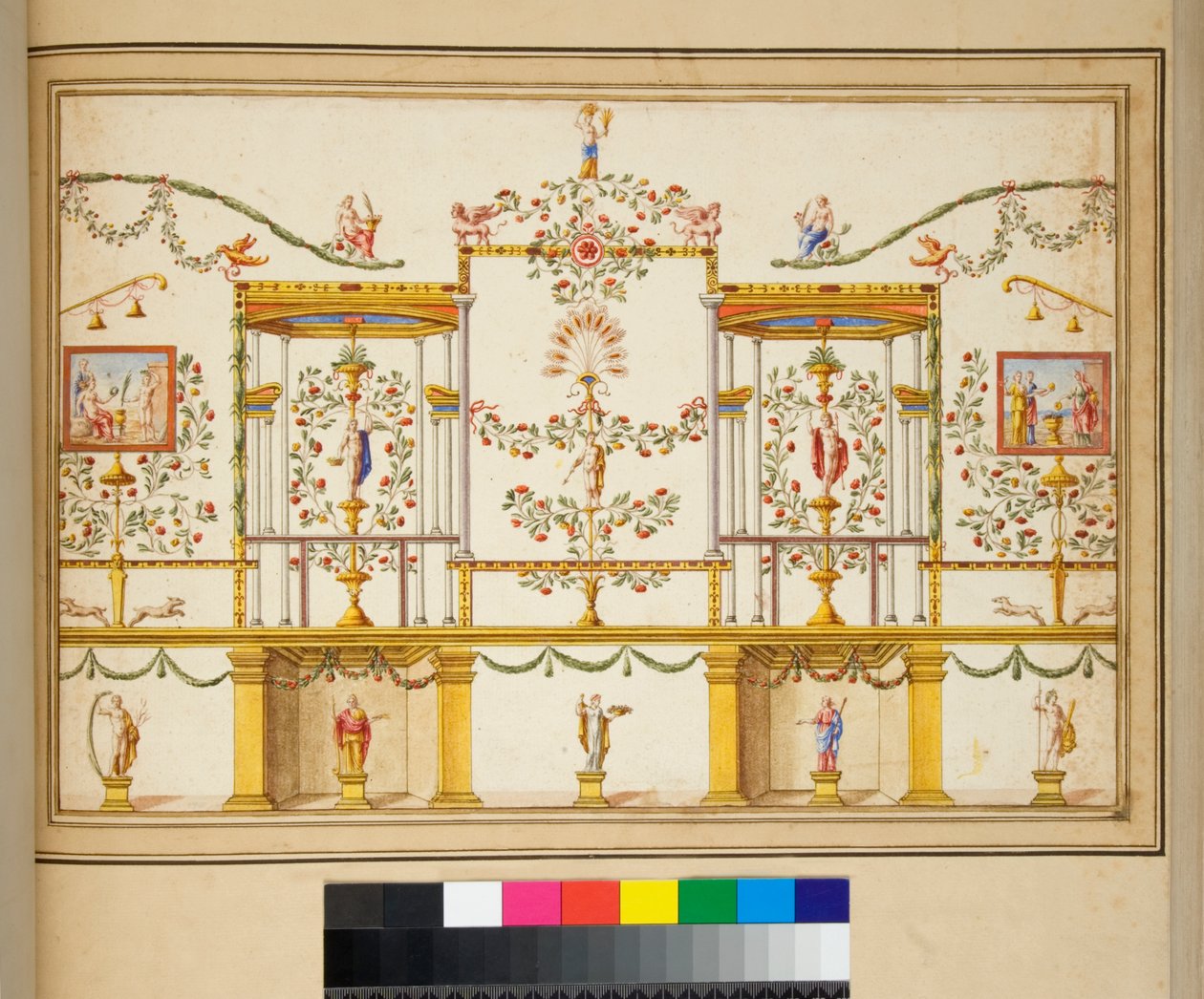 Groot ontwerp van een muur met schilderijen door Pietro Santi Bartoli