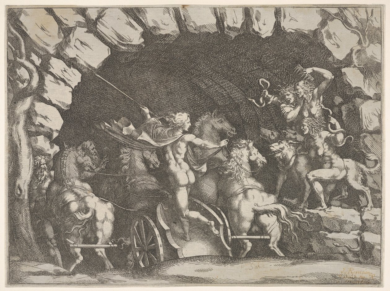 Pluto, van achteren gezien, betreedt de Onderwereld op zijn wagen, Cerberus en drie Fur... door Pietro Santi Bartoli