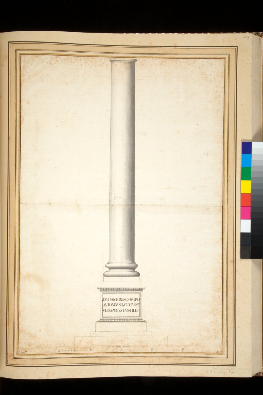 De zuil van Antoninus Pius getoond als gerestaureerd (pen en grijze wassing) door Pietro Santi Bartoli