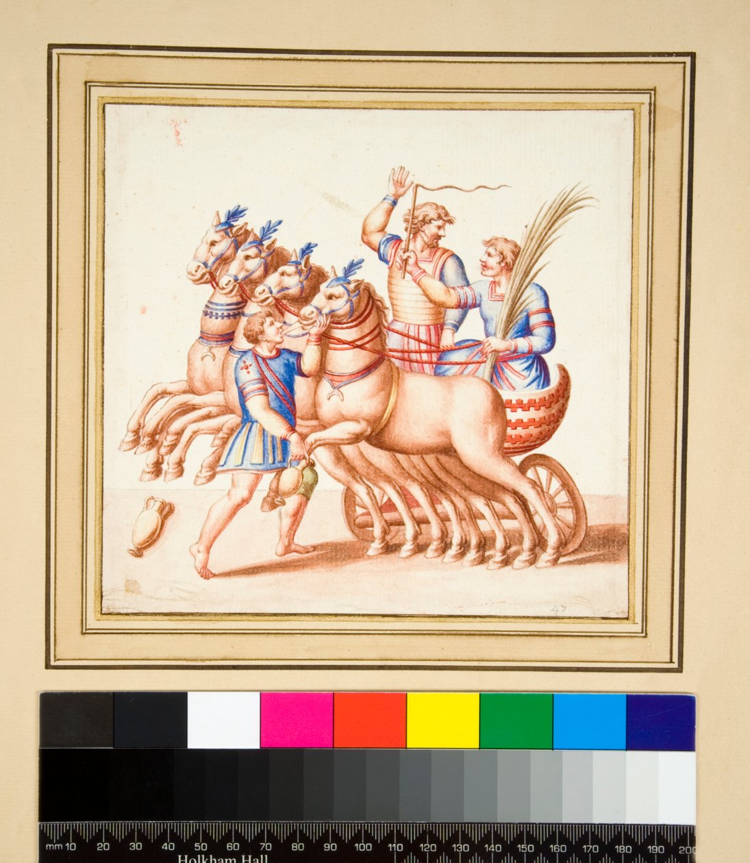 Twee wagenmenners (zwarte krijt, sommige met pen en bruine inkt. gekleurd met aquarel) door Pietro Santi Bartoli