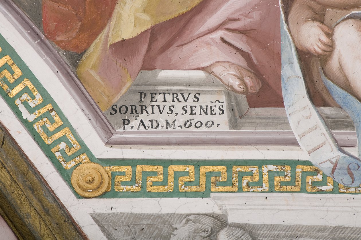 Handtekening van de kunstenaar, De Kroning van de Maagd Maria (fresco) (detail) door Pietro Sorri