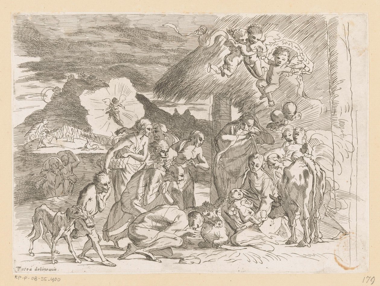 Aanbidding door de herders door Pietro Testa