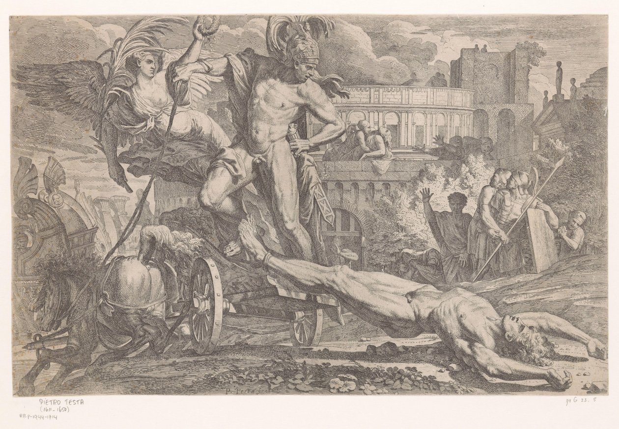 Achilles met lijk van Hector achter zijn zegewagen door Pietro Testa