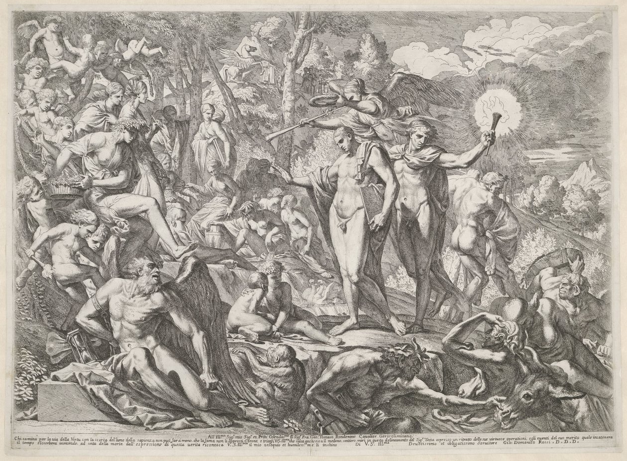 Jongeman arriveert op de Parnassus langs de weg van de Deugd door Pietro Testa