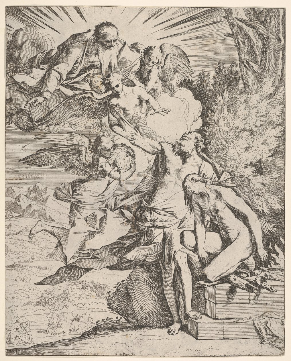 Offer van Isaac: een engel drukt tegen de dolkdragende arm van Abraham, ca. 1645-50 door Pietro Testa