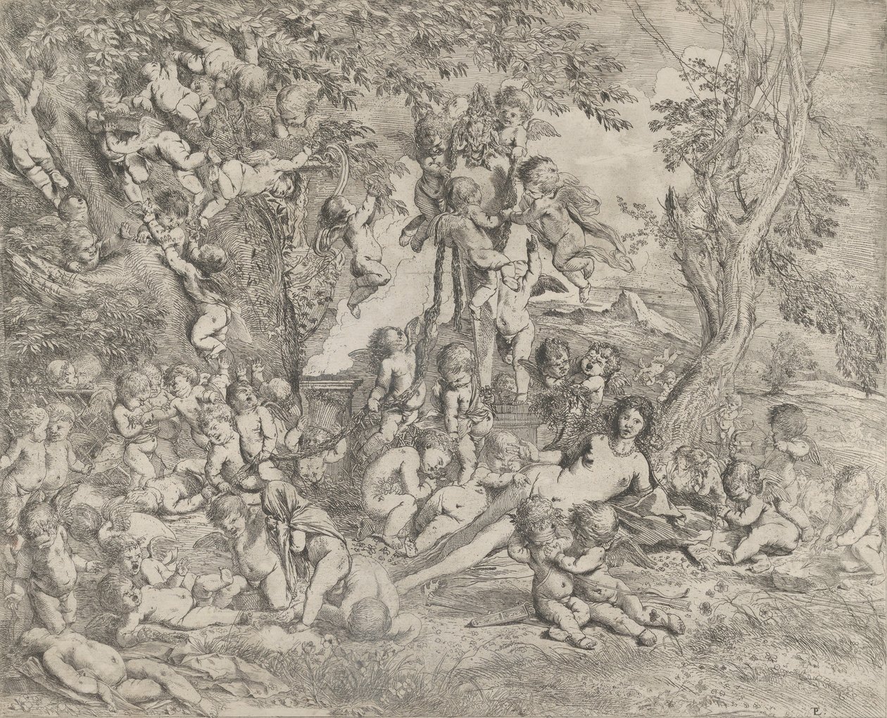 De tuin van Venus die in het midden ligt voor een herm van Pan en omringd..., ca. 1631-37 door Pietro Testa
