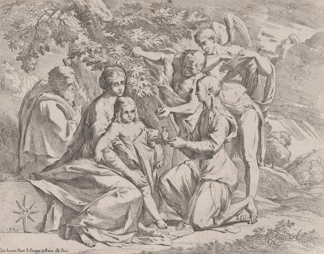 De Heilige Familie gevoed door engelen, ca. 1642-44 door Pietro Testa