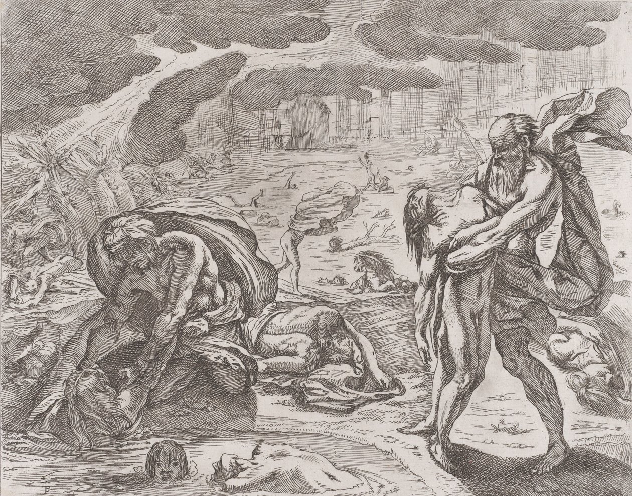 De zondvloed, figuren die uit het water worden getrokken, ca. 1640-42 door Pietro Testa