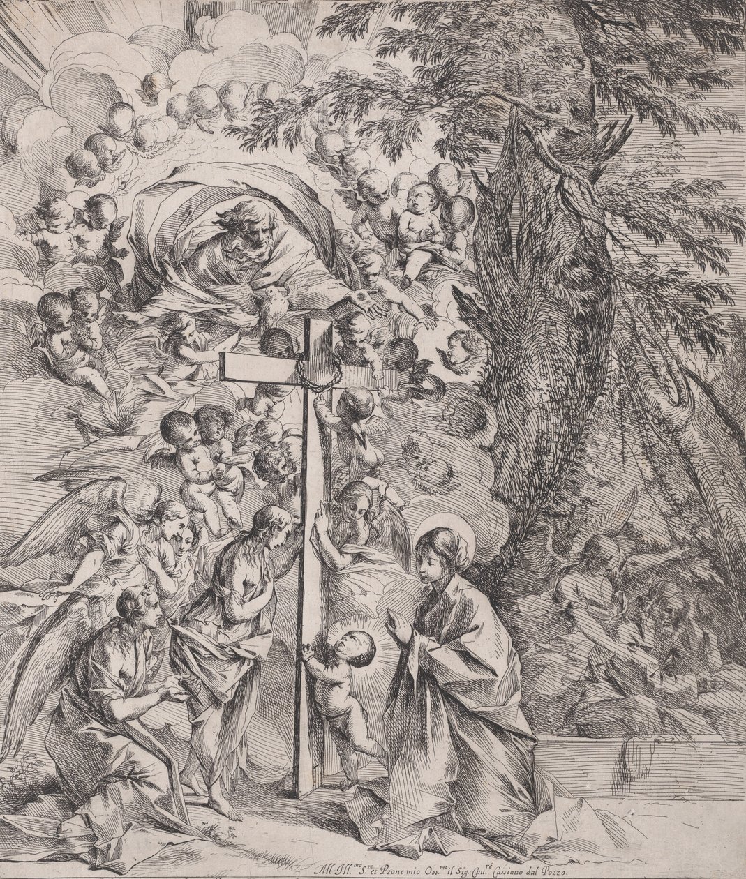 De droom van St. Joseph, die rechts slaapt, de Maagd en het Kind bij een kruis door Pietro Testa