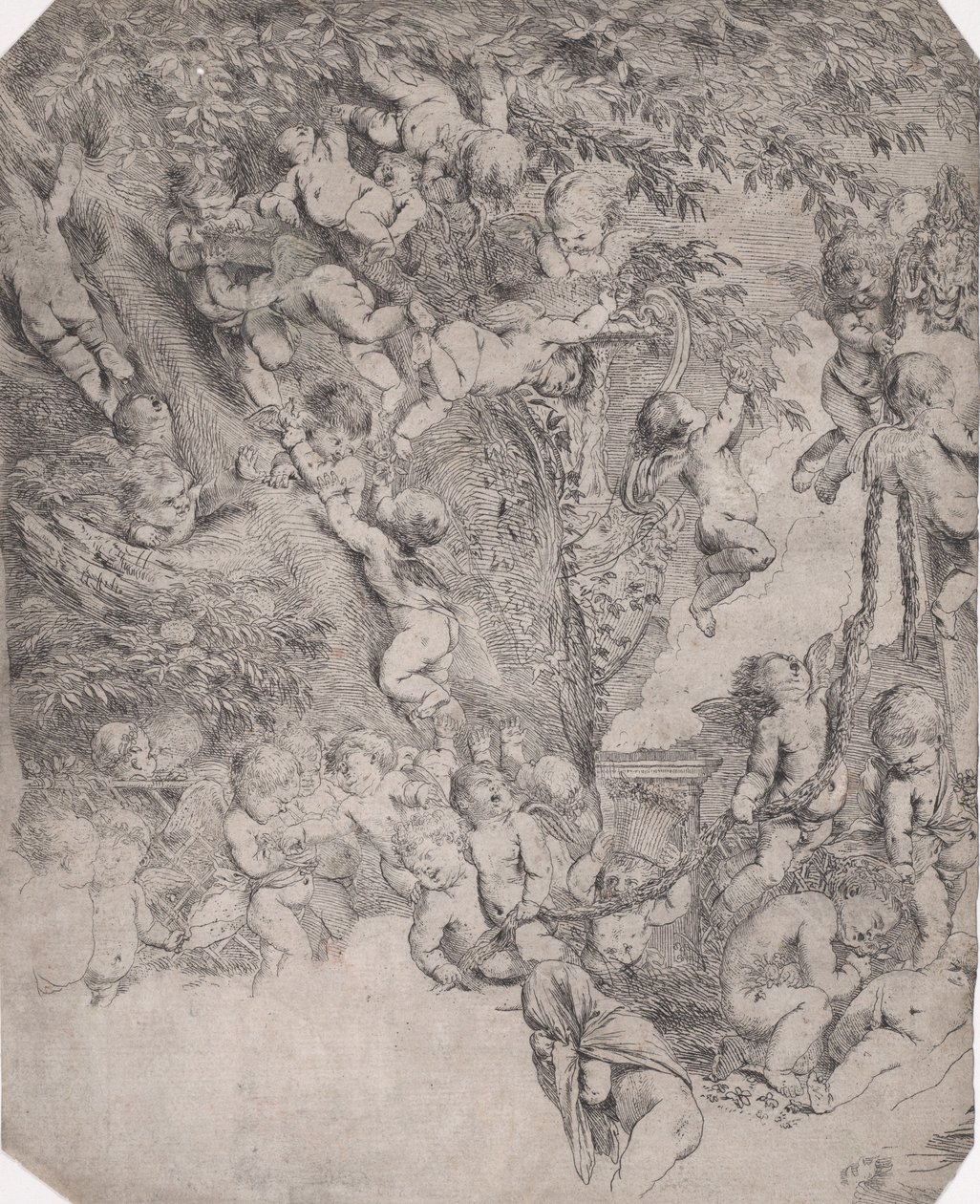 De tuin van Venus, proefdruk van de linkerbovenhoek, ca. 1631-37 door Pietro Testa