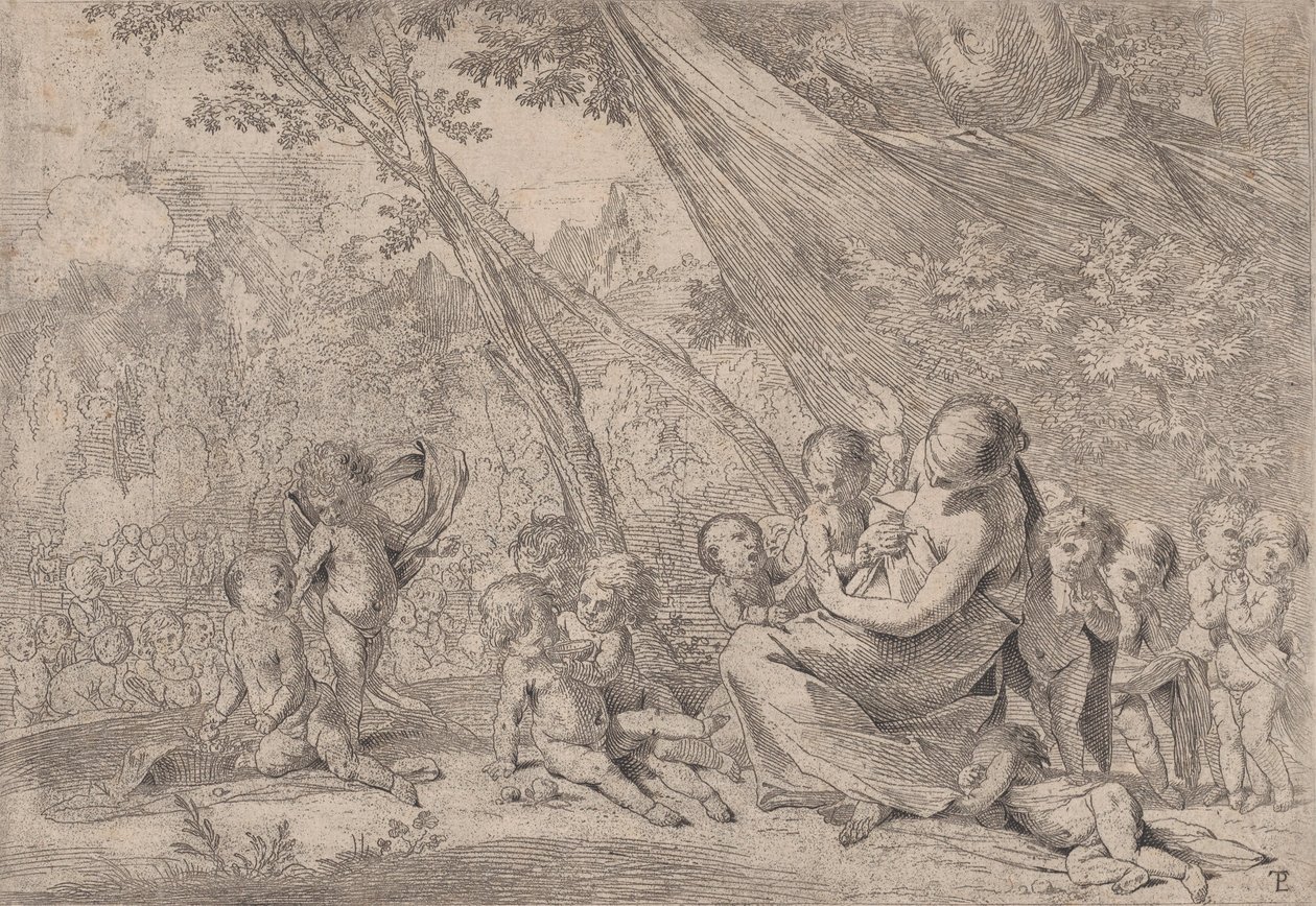 De tuin van liefdadigheid, vrouw die liefdadigheid voorstelt rechts omringd door kinderen, ca. 1631-37 door Pietro Testa