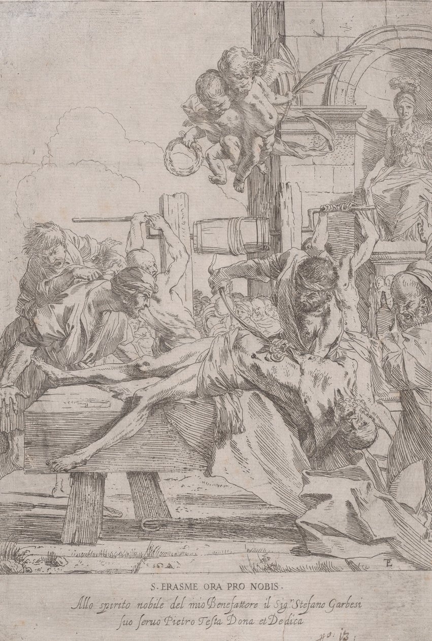 Het martelaarschap van Sint Erasmus die plat ligt terwijl zijn ingewanden worden verwijderd, twee putti..., ca. 1630 door Pietro Testa