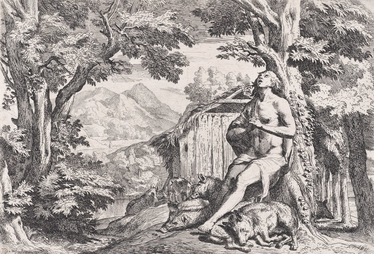 De Verloren Zoon tussen de Varkens, uit een serie van vier prenten door Pietro Testa