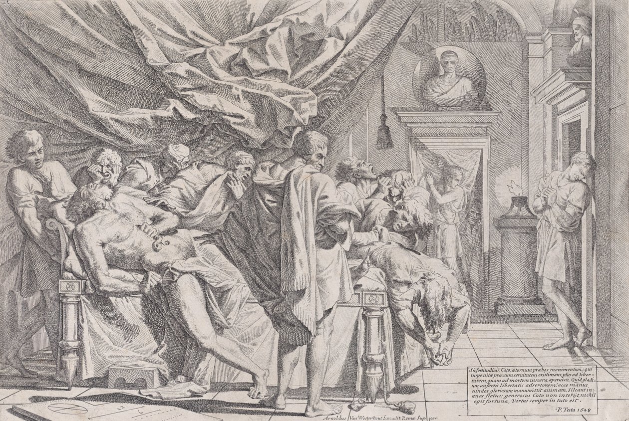 De zelfmoord van de filosoof Cato, die op zijn bed ligt en zijn ingewanden eruit trekt door Pietro Testa