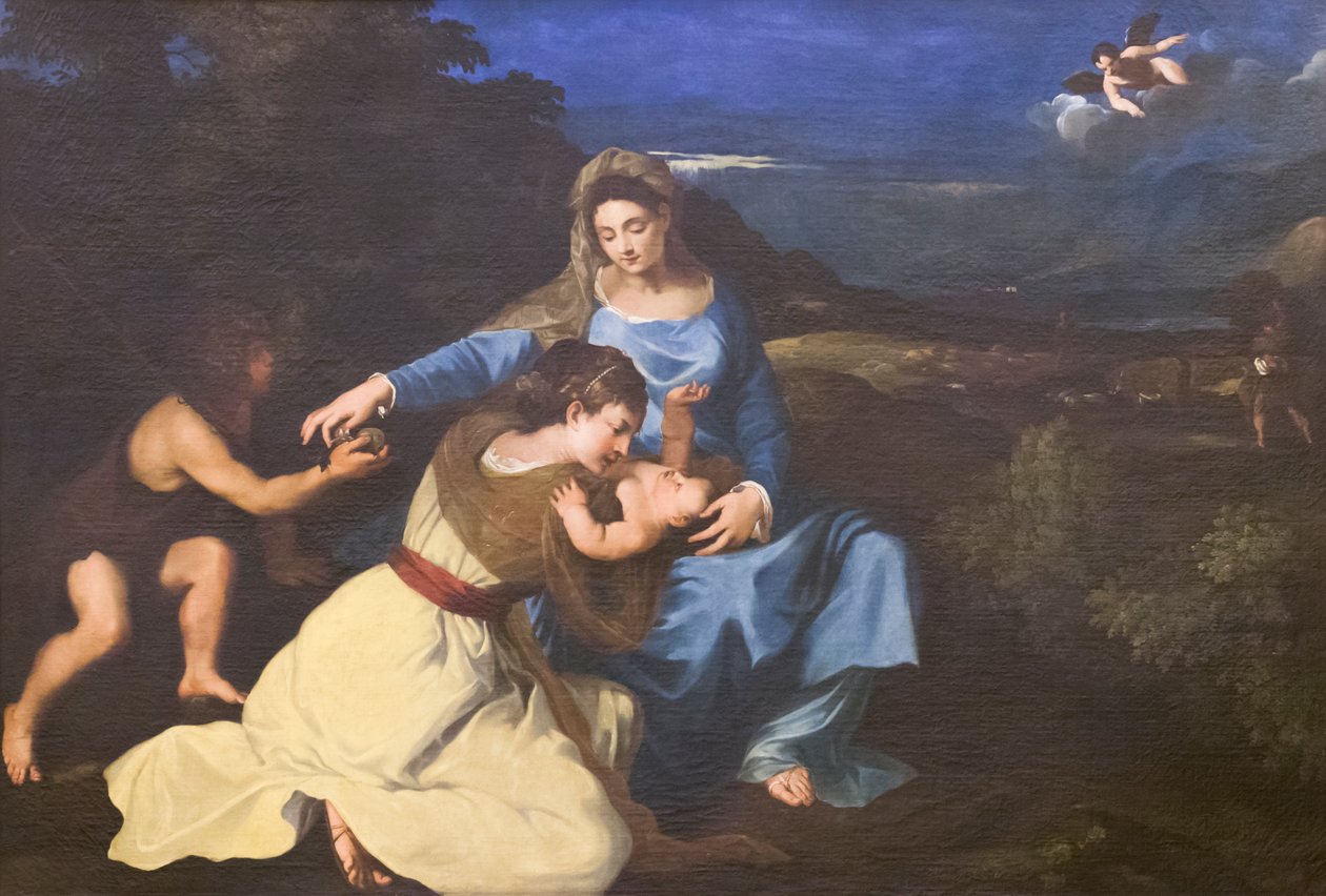 Madonna en kind met heiligen, ca. 1625, naar Titiaan door Pietro da (1596 1669) Cortona